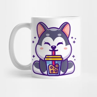 Cute husky drinking boba milk tea cartoon Mug